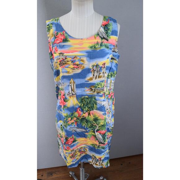 Paradise Found Dress Womens Large Floral Rayon Sleeveless Shift Florida Travel - Picture 1 of 6